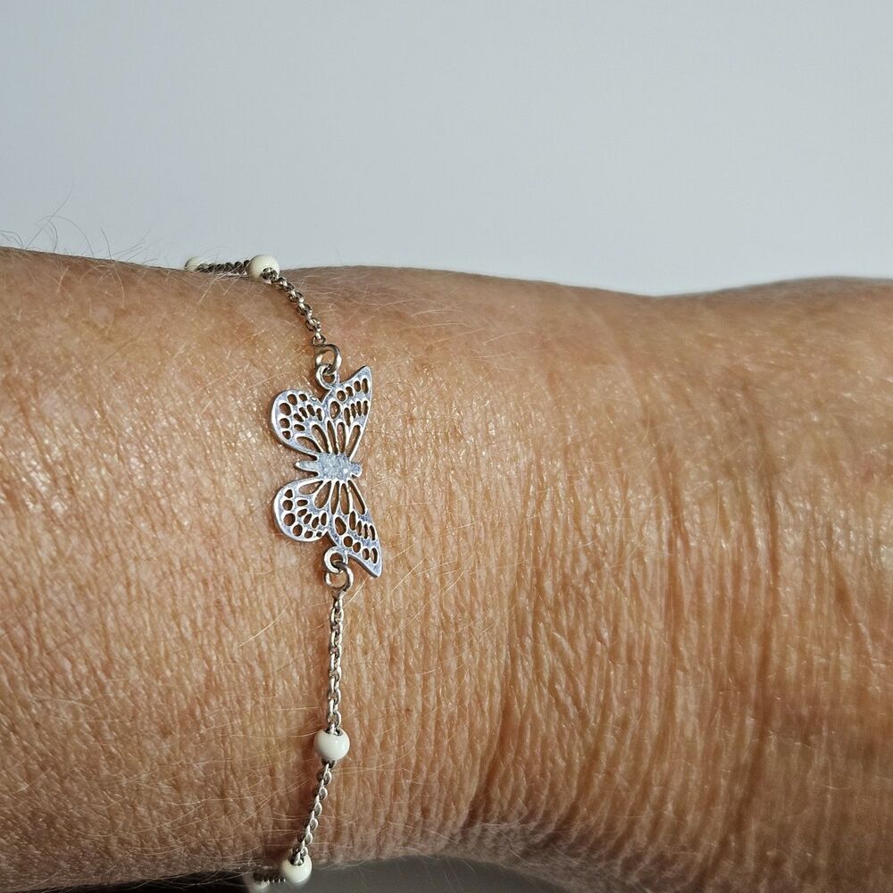 Vintage Dyadema Sterling Silver Butterfly Bracelet White Bead 6.5-7.5"